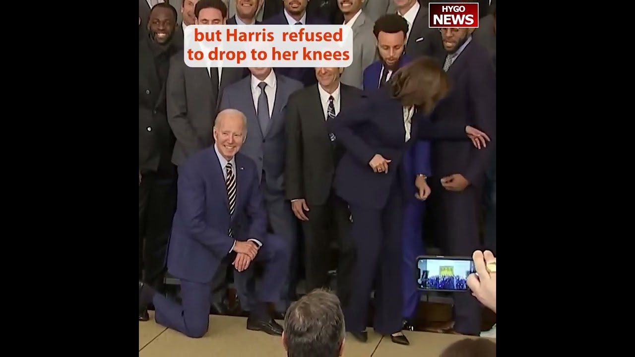 Biden Drops to One Knee in Front of Kamala Harris for Photo with Golden State Warriors